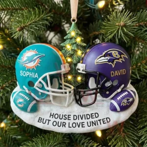 Dolphins and Ravens house divided ornament with names on a snowy base!