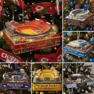 Kansas City Chiefs stadium anniversary ornament hanging on a decorated Christmas tree!