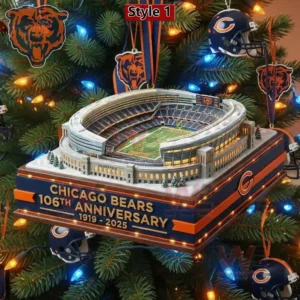 Chicago Bears stadium anniversary ornament displayed on a Christmas tree with festive lighting!