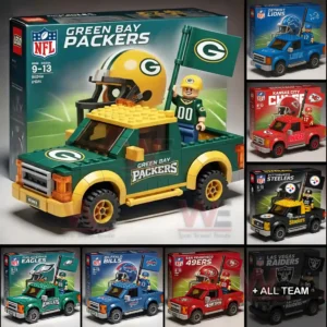 Green football themed block truck with fan figure and flag displayed beside a branded box!