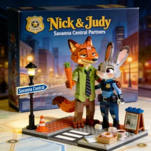 Building brick fox and rabbit figures standing side by side on a city street base with accessories and display packaging!