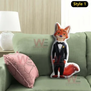 Fox character pillow in a black suit standing on a green sofa in a modern living room!