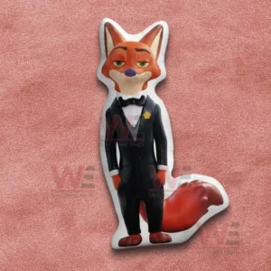 Fox character pillow in a suit shown on a pink fabric background!