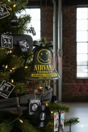 Bell ornament with smile face hanging on a music themed decorated tree!
