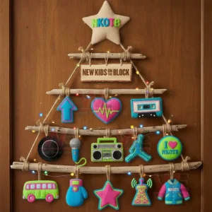Rustic wooden wall Christmas tree decorated with bright neon nkotb themed ornaments and colorful festive lights!