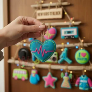 NKOTB New Kids on the Block Premium Rustic Wall Christmas Tree 4 Hand holding a neon heart ornament in front of a rustic wooden Christmas tree decorated with nkotb themed items!