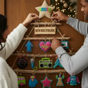 NKOTB New Kids on the Block Premium Rustic Wall Christmas Tree 5 Two people arranging a rustic wooden Christmas tree decorated with neon nkotb themed ornaments and festive lights!