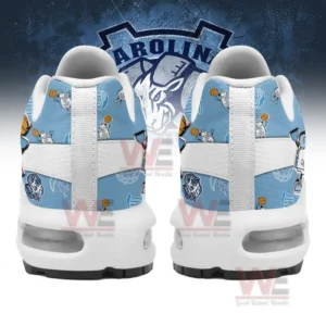North Carolina Tar Heels Air Max Plus TN Shoes 8 Rear view of blue and navy Tar Heels shoes with mascot icons and team emblem behind!