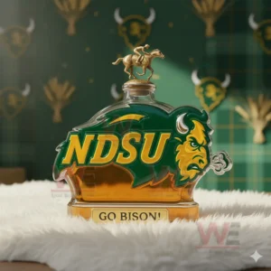 An NDSU logo bottle topped with a golden rider displayed on a rug in a green sports themed room!