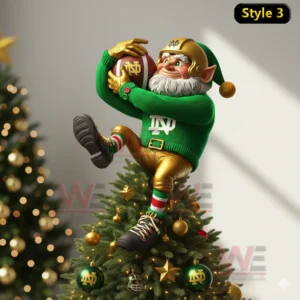 An elf in green and gold clothing stands on the top of a Christmas tree holding a football.