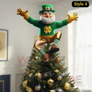A festive elf wearing green and gold clothing stands joyfully on the top of a Christmas tree decorated with themed ornaments.