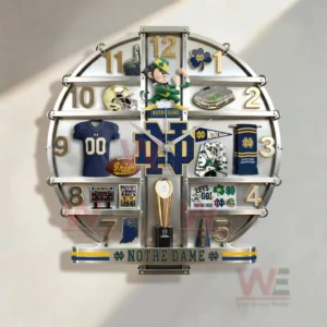 Notre Dame Fighting Irish themed wall clock displaying detailed football memorabilia inside a metallic round frame!