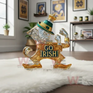 A leprechaun shaped whiskey bottle with raised fists and an Irish themed message stands on a soft rug in a decorated room.