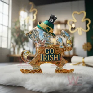 Notre Dame Fighting Irish Leprechaun Blended Whiskey Bottle 5 A sculpted leprechaun bottle filled with amber liquid stands on a rug in a room decorated with Irish themed ornaments.