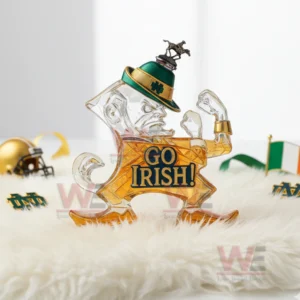 Notre Dame Fighting Irish Leprechaun Blended Whiskey Bottle 6 A leprechaun themed bottle featuring a small horse topper stands on a soft rug among Irish sports decorations.