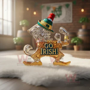 Notre Dame Fighting Irish Leprechaun Blended Whiskey Bottle 7 A sculpted leprechaun bottle with an Irish theme stands on a fluffy rug in a cozy wooden interior.