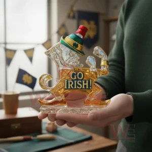 Notre Dame Fighting Irish Leprechaun Go Irish Custom Whiskey Bottle 5 Person holding an Ohio State Buckeye Nation themed whiskey bottle indoors!