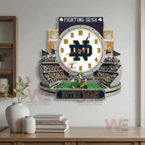 Notre Dame Fighting Irish decorative wall clock with stadium inspired layout powerful team identity and authentic college football spirit!