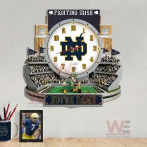 Notre Dame Fighting Irish Stadium Decorative 3D Wall Clock 7 Notre Dame Fighting Irish wall clock shown in a living room setting emphasizing school spirit tradition and bold visual impact!