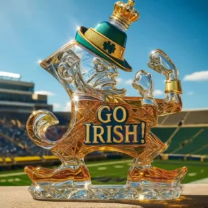 Fighting figure glass whiskey bottle with raised arms green hat golden liquid and football stadium background!