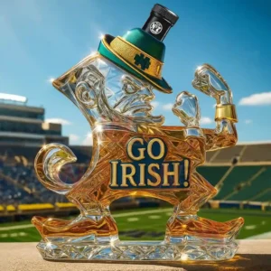 Notre Dame Fighting Irish Leprechaun Mascot Whiskey bottle 5 Fighting character whiskey bottle with dark cap green hat amber liquid and stadium setting!