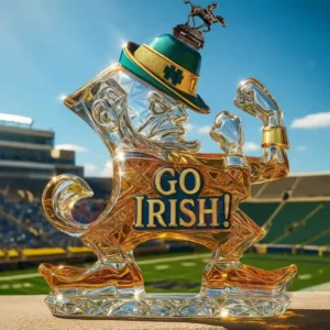 Notre Dame Fighting Irish Leprechaun Mascot Whiskey bottle 6 Fighting figure glass whiskey bottle with rider statue cap golden liquid and football stadium scene!