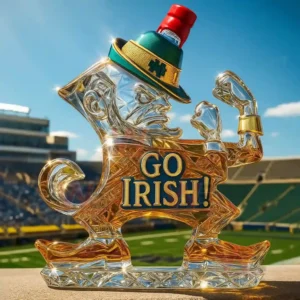 Notre Dame Fighting Irish Leprechaun Mascot Whiskey bottle 7 Fighting character whiskey bottle with red cap green hat amber whiskey and stadium background!