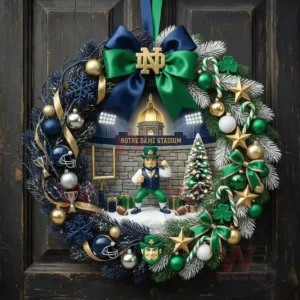 A decorative wreath on a dark door featuring team colors a mascot figure and a detailed stadium backdrop!