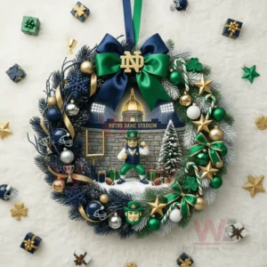 Notre Dame Fighting Irish football Notre Dame Stadium Christmas Wreath 5 A wreath arranged on a white background with team themed decorations and a central Notre Dame Stadium scene!