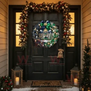 Notre Dame Fighting Irish football Notre Dame Stadium Christmas Wreath 7 A front door decorated with a bright Notre Dame wreath framed by illuminated holiday garlands!