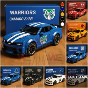 Building block sports car model with blue body white stripes and team themed display box!