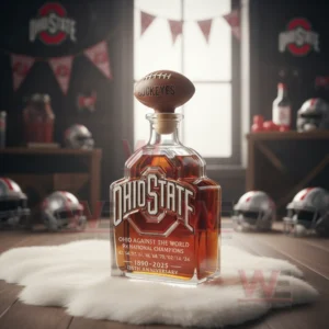An Ohio State bottle with football cap displayed in a decorated room with helmets and banners.