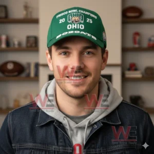 Portrait of a smiling young man indoors wearing a green Ohio Bobcats Frisco Bowl Champions 2025 baseball cap with embroidered team text and logo.