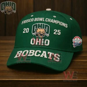 Close up of a green Ohio Bobcats cap with Frisco Bowl Champions 2025 embroidery Bobcats text on the brim and a Scooters Coffee Frisco Bowl side patch.