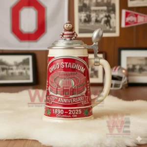 Ohio Stadium 135th Anniversary Collectible Beer Stein 3 A commemorative Ohio Stadium beer stein shown in front of vintage sports memorabilia and team decorations!