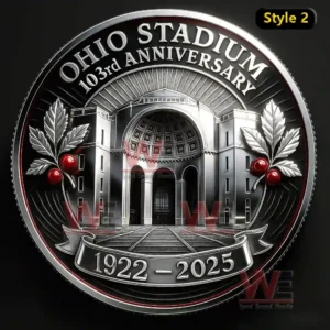 Close up of an Ohio Stadium anniversary commemorative coin with detailed architectural engraving!