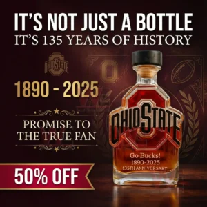 Ohio State themed whiskey bottle displayed as a heritage celebration product on a dark elegant background!