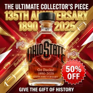 Promotional poster showing a commemorative Ohio State whiskey bottle with celebratory visual effects!