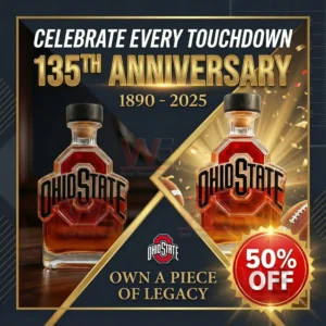 Sports themed advertisement featuring two Ohio State whiskey bottles with bold gold accents!