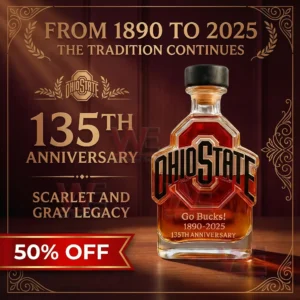 Ohio State commemorative whiskey bottle displayed in a classic heritage themed presentation!