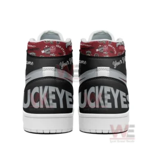 Back view of high top sneakers with bold heel text and structured design!