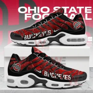 Red and black athletic shoes with bold team themed design shown in side view!