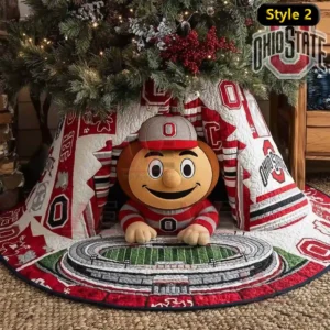 Ohio State Buckeyes Brutus Christmas Tree Skirt 3 Christmas tree skirt with mascot character stadium illustration and holiday themed details!