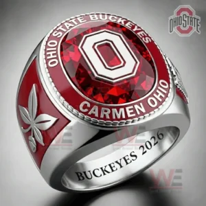 Ohio State Buckeyes ring with a red gemstone style center raised block O logo Ohio State Buckeyes Carmen Ohio lettering buckeye leaf emblem red enamel side accents and inner band engraving Buckeyes two thousand twenty six!