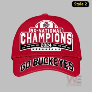 Ohio State Buckeyes College Football National Champion Cap hat 7 A red cap with Ohio State championship years and Go Buckeyes text!