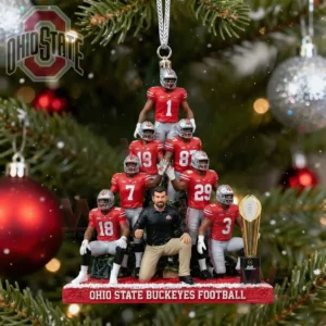 Ohio State Buckeyes football ornament with players and coach arranged in a pyramid on a Christmas tree.