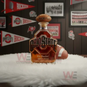 A Buckeyes anniversary bottle rests on a fluffy rug with team banners photos and a football arranged around it!