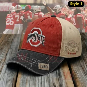 A two tone Ohio State cap with a distressed dark visor Go Bucks wording and an eighteen ninety patch!