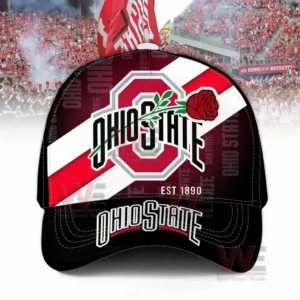 Ohio State Buckeyes Go Bucks Cap hat 5 Front view of an Ohio State cap with rose design diagonal stripes and large team lettering!