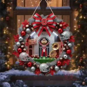 Ohio State Buckeyes Go Bucks Christmas Wreath 4 A holiday wreath with team inspired decorations and a central mascot shown against a snowy window backdrop!